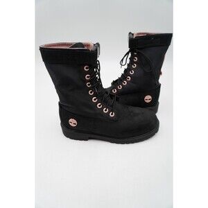 Timberland Black Suede Nylon Mid-Calf Boots Pink Eyelets Buckle Ankle Strap Sz 7